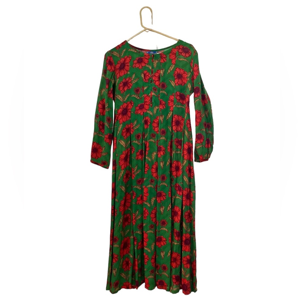 Maxi lawn Kurta dress dark green with pink flowers